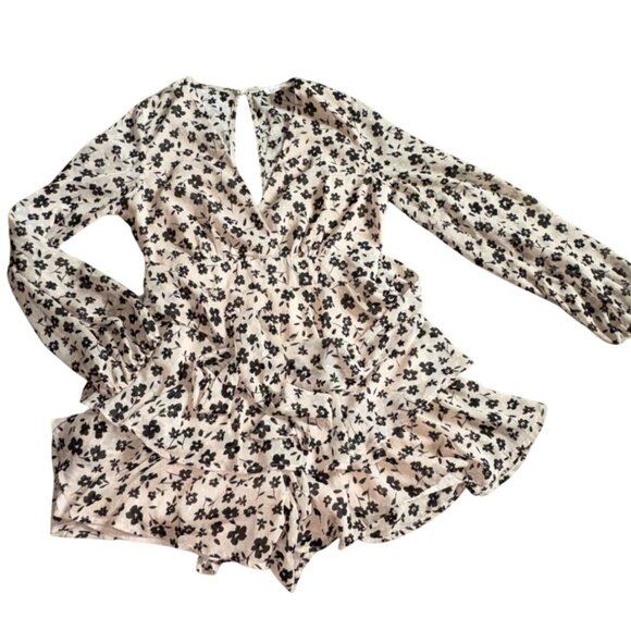 Illa Illa Long Sleeve Chiffon Style Floral Romper-Tan/Black-Size M-GUC - Picture 1 of 11